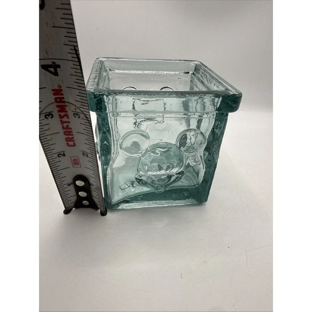 Disney Glass Relief Raised Mickey Mouse Blue Green Candle Holder Pen Holder Cube